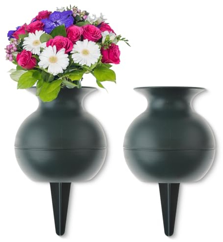 Grabvasen zum Stecken als frostsichere Grabdeko - Grüne Kugelform Friedhofs-Vasen 2er in 22 cm als wetterfester Kunststoff Grabschmuck - Erdspieß Blumenvasen als schöne Steckvasen