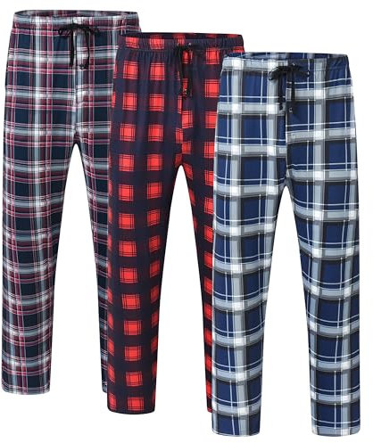 MoFiz Herren Lange Pyjamahose Weich Schlafanzughose Karierte Freizeithose Loungewear Nachtwäsche Elastischem Bund mit Kordelzug und Taschen 3 Pack-PA, XXL