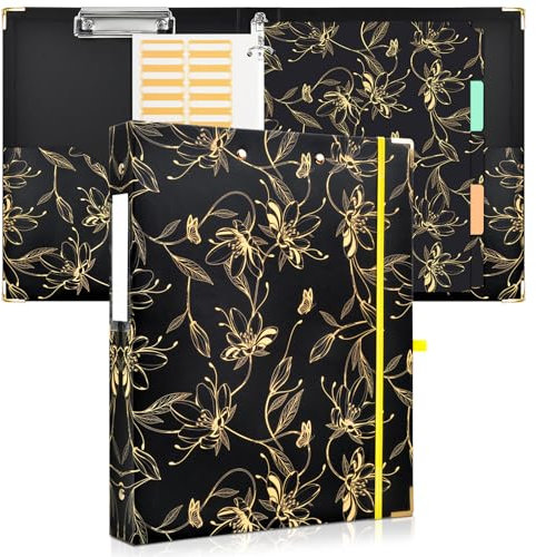 Ringbuch A4 mit Klemmbrett, Ordner 3 Ringe mit Gummiband, Ringbuchordner für Schule, Studium, Büro, 45 mm Rückenbreite (Goldene Blumen)