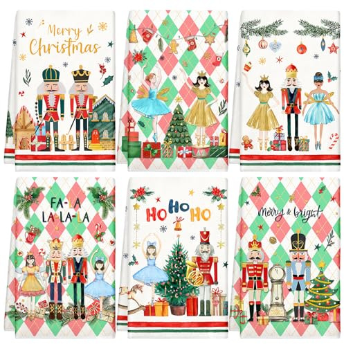 Hosuly 6 Pcs Christmas Kitchen Towels Christmas Nutcracker Cartoon Soldier Princess Dish Towels Christmas Argyle Hand Towels Xmas Tea Towel Decorative for Home Bathroom Holiday Housewarming Gift