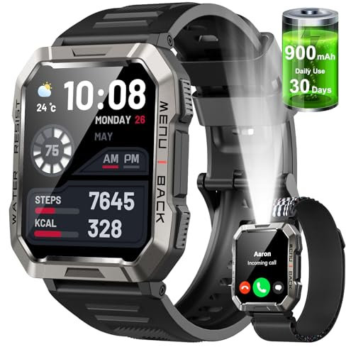 Smartwatch Men Military, 100 Days Battery Life/LED Flashlight/Compass/2 Wristbands/IP68 Waterproof, 100+ Sports Modes Sports Watch, Make/Receive Calls Smartwatch Outdoor Fitness Watch for Android iOS