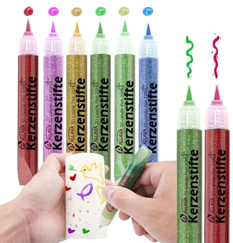 ALLAVA 6 Stück Kerzenstifte, Kerzen Bemalen Set 10ml Wachsstifte für Kerzen, Taufkerze Selber Machen, Candle Pen Kerzenfarbe Kerzenpen, Ideal zum Kerzen Dekorieren & Gestalten (Glitzernder Goldstaub)