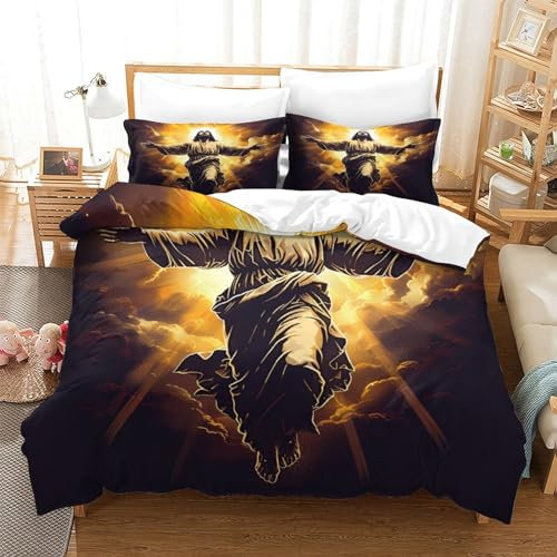 DCABEIOOE Jesus 3D Druck Bettwäsche Bettbezug Und Kissenbezug Mit Reißverschluss Für Kinder Jungen Männer Modern Spielr Dekorative Single（140x200cm）