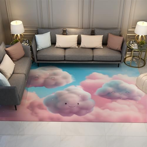 Kinderzimmerteppich Cartoon Niedliche Gesicht Wolken Muster Bereich Teppiche für Wohnzimmer Schlafzimmer Blauer Himmel Rosa Wolken Dekor Teppich Eingangsmatte 120 x 160 cm