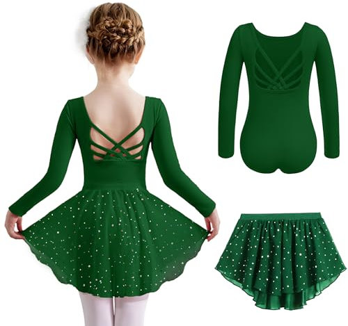 Arshiner Langarm Ballettkleid Mädchen Baumwolle Ballettkleidung Tanzkleid Rückenfrei Balletttrikot Kinder Ballett Trikot mit Tütü Ballettanzug Tanztrikot Grün 120/2-3 Jahre
