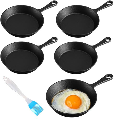 Remerry 5 Sets 4 Inches Cast Iron Skillets Mini Black Iron Nonstick Frying Pan Small Sizzling Plate Egg Pan Cast Iron Pot Bundle with Oil Brush for Indoor and Outdoor Restaurant Kitchen