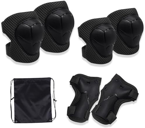 MUNSKT Ensemble de protection sportive pour enfants de 6 pièces avec sac à cordon, genouillères, coudières, protège-poignets confortables et ajustables pour patin à roulettes, skateboard, vélo, vélo