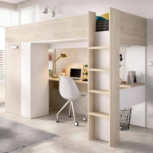Dmora - Composizione camera da letto Focoletta, Stanza da letto completa, Cameretta per bambini, Set per arredo a ponte, 206x111 h178 cm, Bianco e Rovere