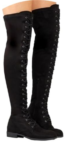 Agiyenna Stivali Punk Gotico da Donna Sopra il Ginocchio Stivali Stringati Retrò Stivali Lunghi con Tacco Basso Stivali Alti Al Ginocchio Elasticizzati Stivali Piatti Casual Caldi Invernali da Esterno