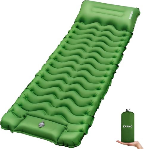 KASIMO Isomatte selbstaufblasend Camping matratze mit integrierten kopfkissen, Isomatte Outdoor luftmatratze selbstaufblasend mit Fußpumpe Ultraleicht luftzellenmatte aufblasbar (Grün 8cm)