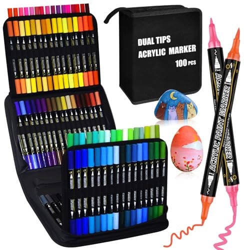 WOGOPRO Acrylic Paint Pens, 100 Colours Dual Tip Acrylic Paint Markers, Art Pens with Brush and Fine Tip, Paint pens for Rock Painting, Stone, Glass, Wood, Canvas, Easter Eggs