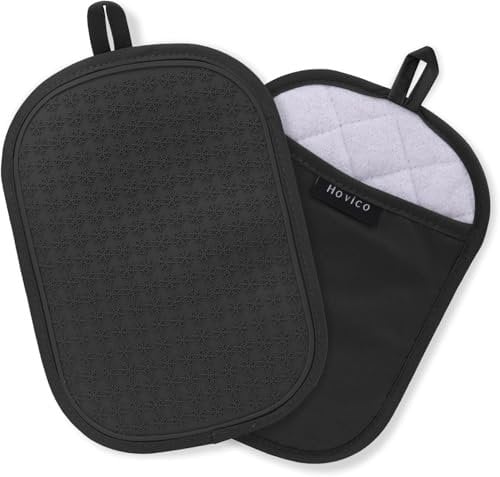 2 Stück Silikon Topflappen, hitzebeständige Topflappen mit Taschen, rutschfeste Topflappen zum Backen und Kochen in der Küche, 24,9 x 17,8 cm, Innenfutter aus Handtuchstoff - Schwarz