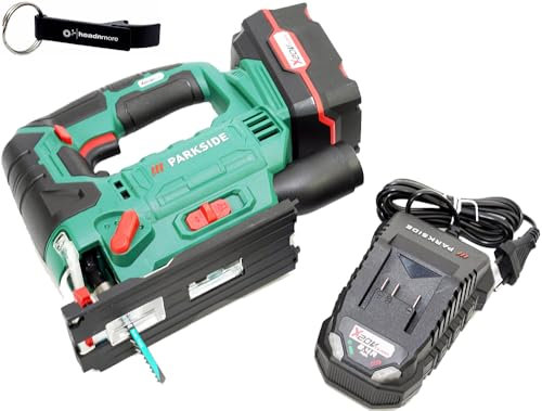 HEADNMORE® Bundle - Sierra de calar Parkside inalámbrica 20 V PSTDA 20 + llavero HEADNMORE® (batería 1 x 4 Ah)