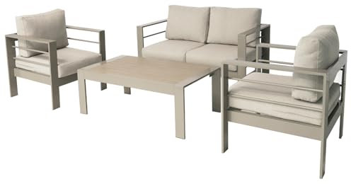 LANOX Aluminium Gartenmöbel Set Gartenlounge-Set Loungeset für 3-4 Personen Terrasse Balkon, Wetterfest Sitzgruppe Gartengarnitur (4-TLG., 1×2-Sitzer Sofa, 2×Sessel, 1×Tisch, 8×Auflagen), Beige