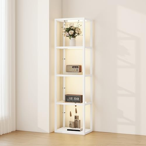HOMCOM LED Floor Lamp with Glass Shelves, 4 Layers Dimmable Tall Standing Lamp, Modern Column Shelf Floor Light for Living Room, Bedroom, Office, White