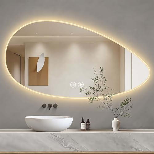 GXSDYYDS 1000×600mm LED Bathroom Mirror with Lights, Asymmetrical Illuminated Wall Mounted Vanity Mirrors with Backlit, Anti-fog Large Smart Mirror with Memory, 3 Colors Dimmable Light