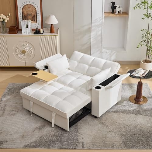Schlafsofa 3-in-1 Ausziehsofa, mit verstellbarer Rückenlehne, USB-Anschluss, 2-Sitzer sofa Loungesofa Daybed Faltbar Auszug,Ausgestattet mit verstecktem Tisch, Getränkehalter 140.5*74*82cm (Beige)
