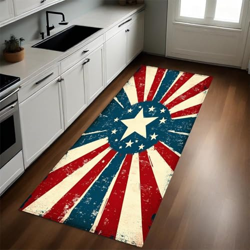 Flurläufer 50x150 cm Geometrische Linien und Sterne Kurzflor Teppich Waschbar Rutschfester Gummirücken Rot Küchenläufer für Eingang Waschküche und Wohnhausflur