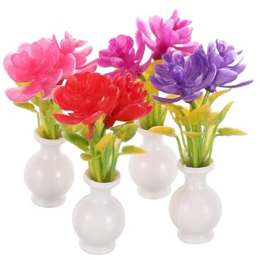 HONMEET 4 Stück Miniatur Puppenhaus Blumen mit Kleiner Vase Künstliche Kleiner Blumen aus Harz und Kunststoff Realistische Topfblumen für Puppenhaus Feengarten und Bastelarbeiten