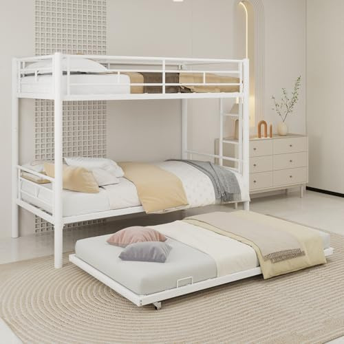 QSOST Lit Superposé Enfant avec Lit gigogne, Lit Enfant avec Échelle et Barrière de Sécurité, Convertible en 3 lit Simple - Structure Robuste, Pas Besoin de Sommier, pour garçon et Fille (Blanc)