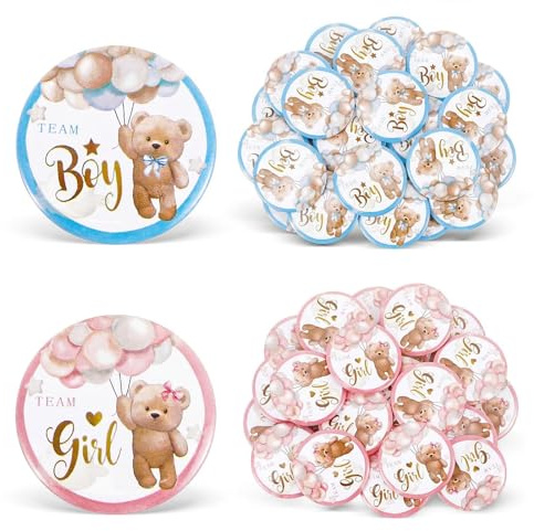Tyqour Lot de 30 boutons révélateurs de sexe - Décoration de fête de genre pour garçon ou fille - 3,8 cm - Pour fête prénatale - Accessoires de décoration de fête d'invités et jeux (bleu et rose)
