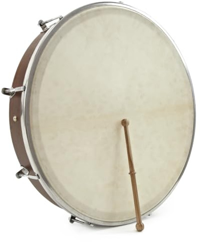 Stimmbare Bodhrán mit Tasche und Schlägel, 18 Zoll | Gealtertes Ziegenfell, solider Weidenrahmen, 8-Punkt-Stimmmechanismus, gepolsterte Tasche und Doppelkopf-Klöppel inklusive