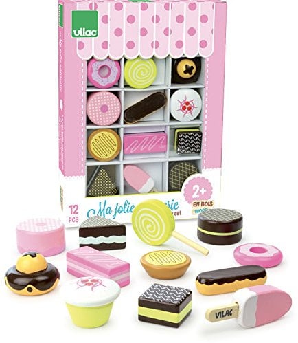 VILAC - Jouet en bois - Cuisine et marchande - Boîte 12 pâtisseries et friandises en bois, Ma jolie Pâtisserie - 8163, Bleu