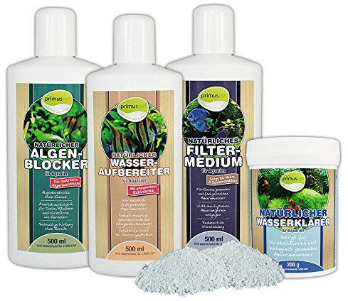 primuspet Natürliches Aquarium Wasserwechsel 4er Pflege-Sparset (4er Sparset: Wasseraufbereiter, Algen-Blocker, Filtermedium + GRATIS Aquarium Wasserklärer), Set-Größe:Set 500