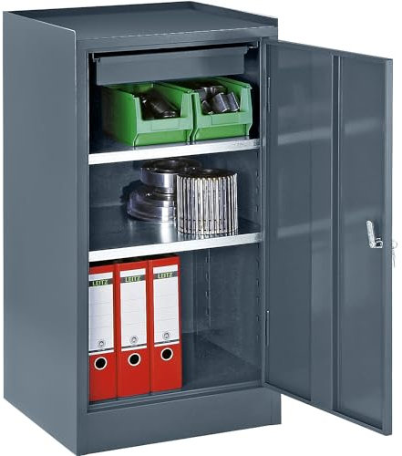 eurokraft | Werkzeugschrank | mit 1 Schublade | 2 Fachböden | Höhenverstellraster 25 mm | blaugrau RAL 7031