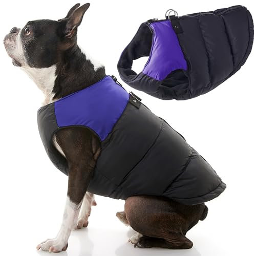 Gooby Gepolsterte Weste, Hundejacke, Größe L, warm, mit Reißverschluss, Fleece-Jacke mit Doppel-D-Ring-Leine, wasserabweisend, für kleine Hunde und mittelgroße Hunde, Violett