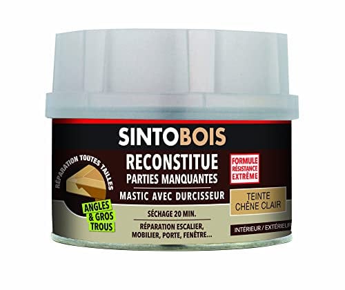 SINTOBOIS - Pâte à Bois - Angles et Gros Trous - Reconstitue les Parties Manquantes - Intérieur Extérieur - Haute Résistance & Adhérence - Sec en 20min - Chêne Clair - Technique Professionnelle - 190g
