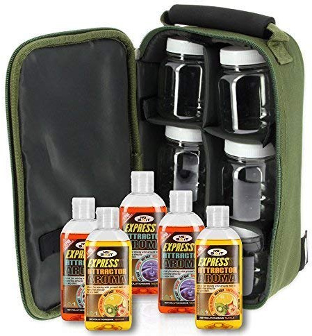 NGT Carp Fishing Tackle Glug Bag with 5 x 50ml Liquids & 6 Glug Pots Set