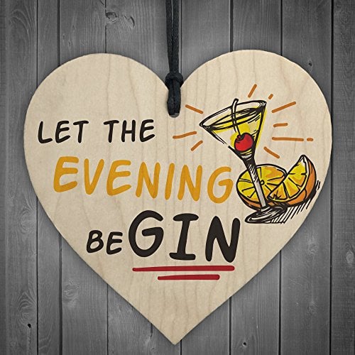 RED OCEAN Let The Evening BeGIN - Fun Vintage Gin & Tonic Wood Hanging Heart Sign Gift Bar Pub
