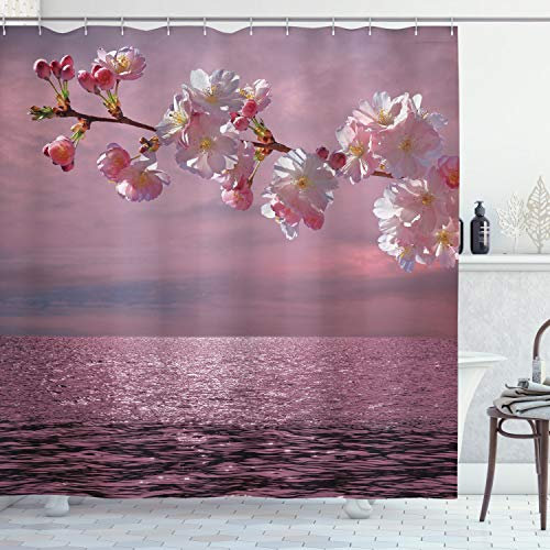 ABAKUHAUS japanisch Duschvorhang, Kirschbaumzweig, Waserdichter Stoff mit 12 Haken Set Dekorativer, 175 x 200 cm, Rosa und Hellrosa