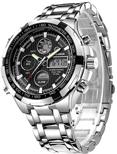 GOLDEN HOUR Luxus Edelstahl Analoge Digitaluhren für Männer Männlich Outdoor Sport Wasserdicht Große Schwere Armbanduhr (Silber Schwarz)