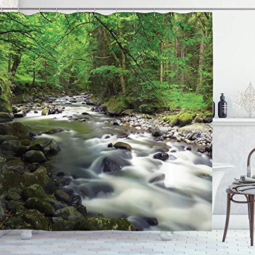 ABAKUHAUS Natur Duschvorhang, Riverbed Rock Bäume, Stoffliches Gewebe Badezimmerdekorationsset mit Haken, 175 x 200 cm, Grün Weiß Grau