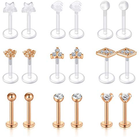 AceFun 16G Forward Helix Knorpel Tragus Ohrstecker Chirurgenstahl und Durchsichtige Acryl Retainer Lippenpiercing Stecker Monore Labret Piercing 8mm 18 Stück rosegold