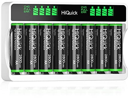 HiQuick Akku Ladegerät mit AA Akku 8 Stück, für Mignon AA, Micro AAA NI-MH/NI-CD wiederaufladbar Batterien, 8-Ladeplatz mit LCD Anzeige