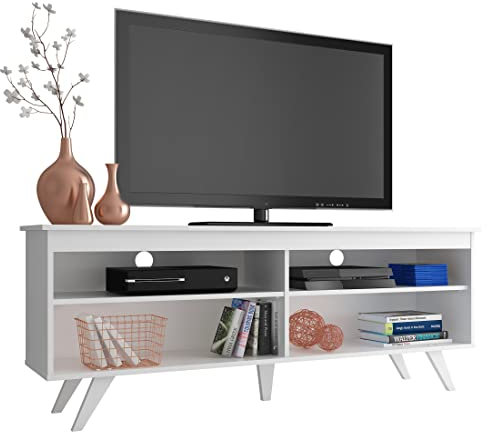 MADESA Meuble TV Moderne pour téléviseurs jusqu'à 65 Pouces, Console Meuble avec 4 étagères et Gestion des câbles, Bois, 150 x 38 x 58 cm - Blanc