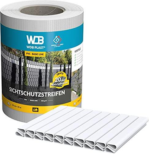 WDB - Sichtschutzstreifen für Doppelstabmatten Sichtschutz Zaun - 19 cm x 35 m + 20 Stück Befestigungsclips - PVC Windschutz Basic Line - Weiß - RAL 9003