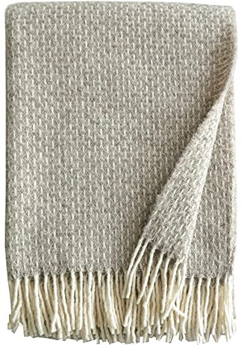 Plaids & Co Wolldecke 100% Creme-ecrufarbene Schurwolle in kleinem Webmuster mit Fransen 140x200cm, Decke, Wohndecke, Kuscheldecke, Tagesdecke, Sofadecke (Ecru Melange)