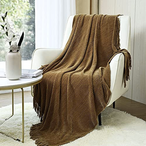 CREVENT Chenille-Überwurfdecke im Boho-Stil, für Couch, Sofa, Stuhl, Bett, als Heimdekoration, superweiche, warme, gemütliche Strickdecke für alle Jahreszeiten, 127 x 152 cm, Kaffeefarben/Sandfarben
