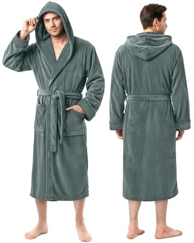NY Threads Mens Robe with Hood, Luxury Plush Fleece Hooded Mens Bathrobe, Spa Bath Robe for Men, Large/X-Large, Steel Grey