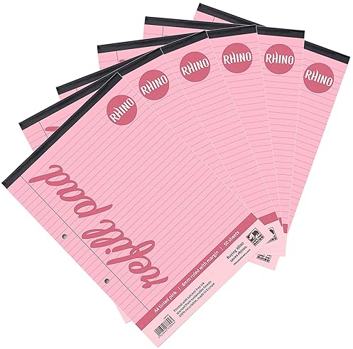 RHINO A4 Refill Pad, Writing Pad, 100-Page / 8mm Lined with Margin, 6-Pack, Pink Lined Writing Paper for Dyslexia & SEN, Office & School Stationery Supplies