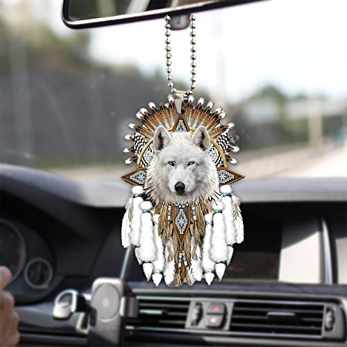 Talataca Indianer-Traumfänger Indianer, weißer Wolf, 2D, flach, Auto-Rückspiegel-Zubehör, Weihnachtsbaumschmuck, Dekoration, hängende Charme, Innenrückspiegel, Dekoration, Geschenk