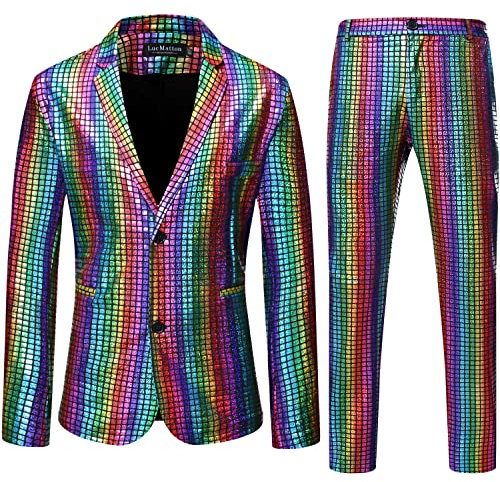 LucMatton Herren 2-teiliges Disco-Set, glänzende Jacke und Hose, metallische Pailletten, mehrfarbig, XX-Large