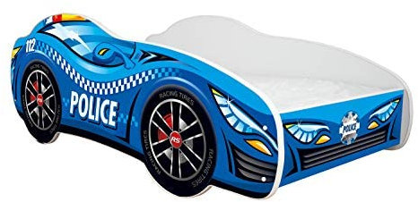 Topbeds Autobett, Polizei, Auto-Bett, Kinderbett mit Rausfallschutz, Jugendbett, Babybett mit Lattenrost für Jungen & Mädchen, Racing Car (Police Car, 140x70 cm)