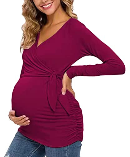 Tomwell Femme T-Shirt Chic Tops à Rayé Manches Longues Bébé Allaitant Enceinte Grossesse Tops de maternité Hauts Pullover de Allaitement Sweats D Vin Rouge M