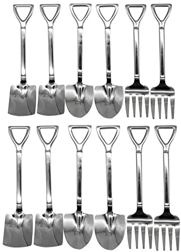 Pinenjoy 12-teiliges Löffel- und Gabel-Set, 18/10 (304) Edelstahl, Spatenform, Besteck-Set, 15,5 cm, Mini-Löffel für Dessert, Kaffee, Joghurt, Kuchen, Obst, Eis