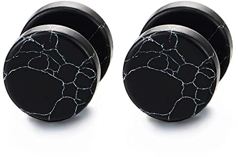 2 Herren Damen Schwarz Marmor Ohrringe Ohrstecker Edelstahl Fake Plugs Ohr Cheater Tunnel Gauges Ohr-Piercing Edelstahl